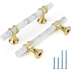 Rergy Cabinet Handles Marble Drawer Pulls and Knobs, 20Pack White Marble & Gold 3inch Hole Center, T-Bar Hardware for Kitchen Dresser Zinc Alloy Furniture