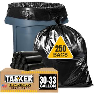 Tasker 30-33 Gallon Trash Bags Heavy Duty (MegaValue Pack 250 Count) Large Black Garbage Bags 30 Gallon - 32 Gallon - 33 Gallon- 35 Gallon. High Density Bags