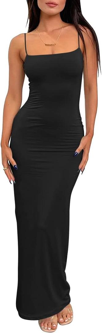 LILLUSORY Womens Summer Casual Slip Dresses Spaghetti Strap Double Lined Bodycon Maxi Dress (Black, S)