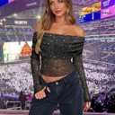 FEMLE Women Sparkly Off The Shoulder Sheer Mesh Tops Glitter See Through Long Sleeve Foldover Top Party Concert Outfits (Red, S)