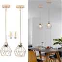 2 Pack Gold Pendant Lights, Modern Farmhouse Hanging Light Fixture with Metal Cage Shade, Industrial Pendant Lighting for Kitchen Island Dining Area Entryway, Adjustable Height