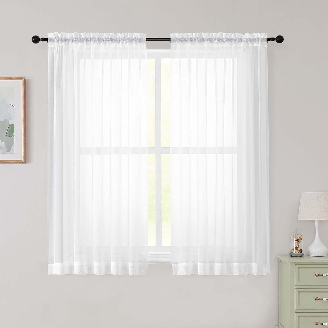 Sheer White Curtains for Bedroom Living Room 54 Inch Length 2 Panels Set, Solid Soft Airy Light Filtering Window Treatments, Modern Rod Pocket Drapes, White, 42" Wx54 L Inches