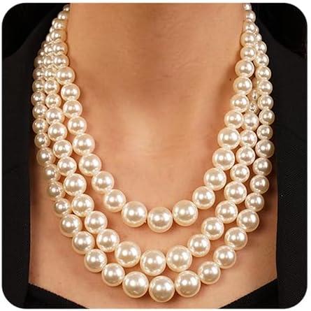 Chargances 3 Layered Beaded Strand Choker Pearl Statement Necklace and Earrings Set Round Ball Chunky Bib Collar for Women Gift Festival Party, White 