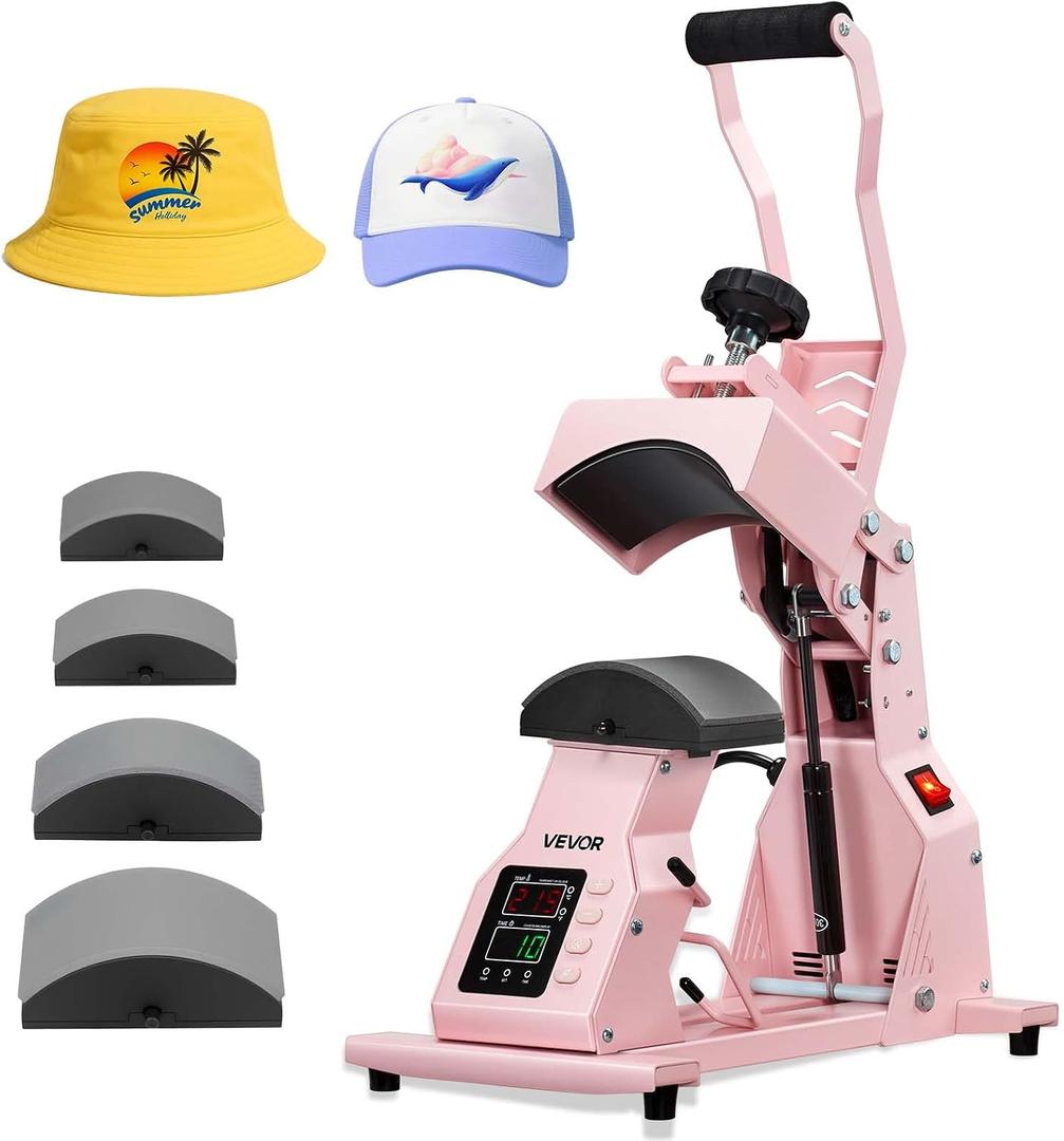 VEVOR Hat Heat Press Machine, with 4pcs Interchangeable Platens, Precise Temperature and Time Control, Hat Press for HTV Iron On and Sublimation Projects, for Caps, Headbands, Cuffs, Face Masks, Pink