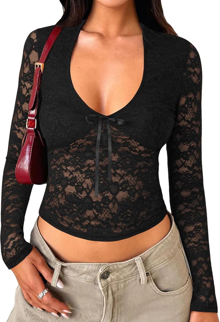 Womens Long Sleeve Going Out Tops Lace V Neck Mesh Crop Shirts Sexy Cute Y2K Fall Trendy Outfits 2025 (Black)