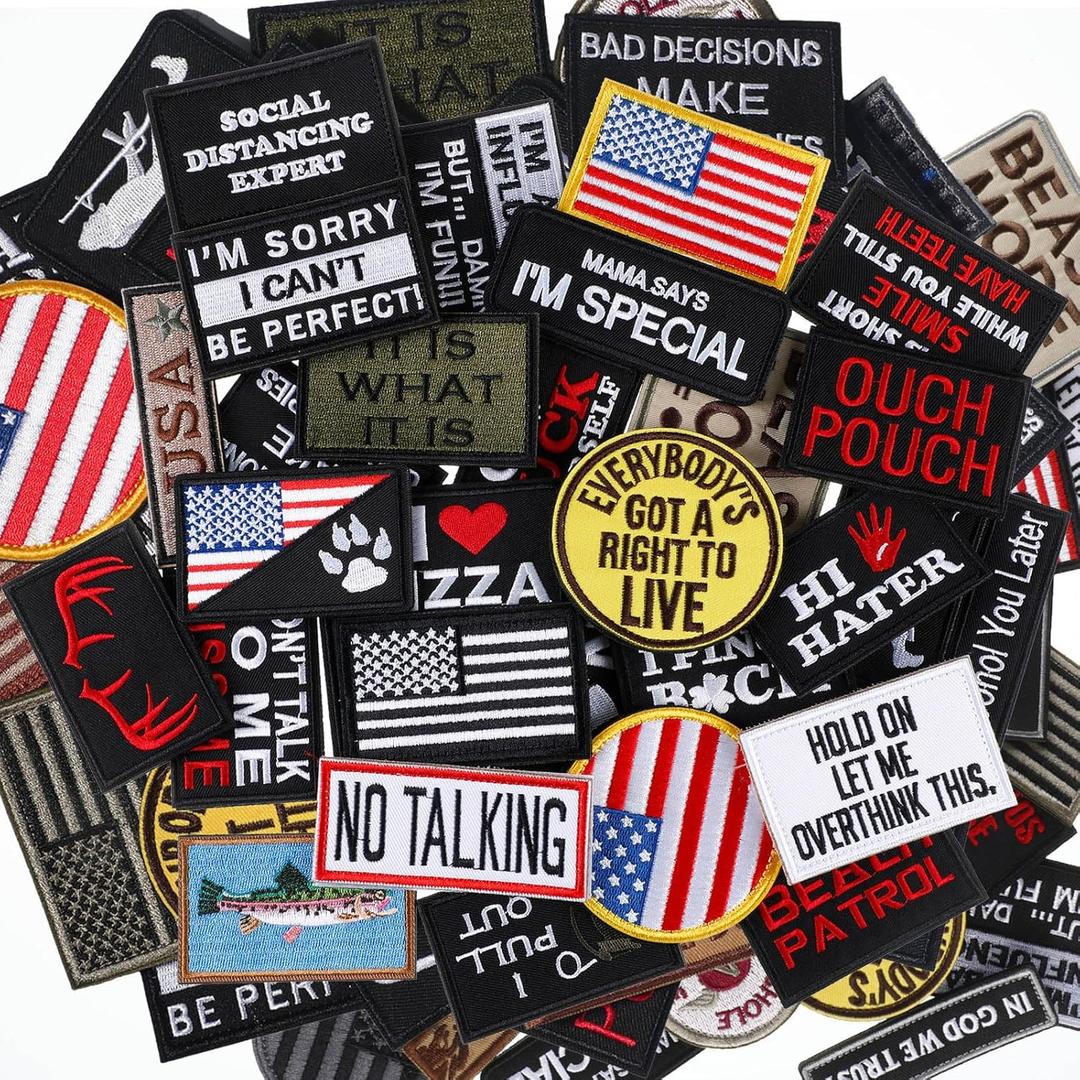 Tigeen 30 Pcs Random Funny Tactical Military Patches Set Full Embroidery Loop and Hook Patches for Backpacks Caps Bags Clothes Vest Military Uniforms