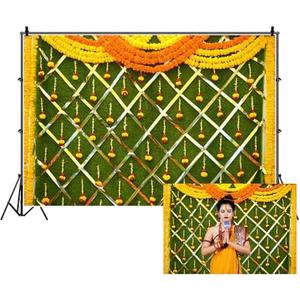 Renaiss 10x8ft Indian Traditional Backdrop Macrame Marigold Garland Marriage Diwali Festival Photography Background for Wedding Bridal Shower Anniversary Party Decor Photo Props