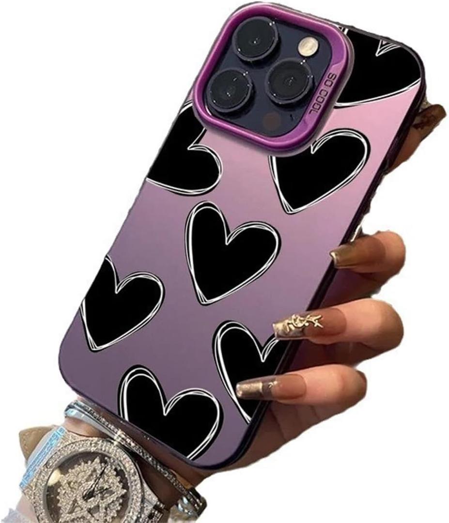Phone Case for Women/Girls, Luxury Love Heart Electroplate Silver Case Compatible with iPhone 14 Pro, Purple with Black Hearts