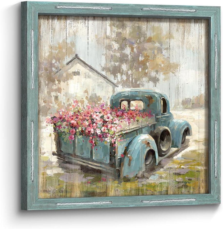 Farm Wall Art Framed Picture: Farmhouse Flowers Truck Wooden Painting Decor Countryside Print Rustic Country Scene Artwork for Living Room Bedroom, 30"L x 30"W