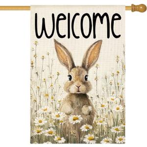 AVOIN colorlife Bunny Rabbit Easter House Flag 28x40 Inch Double Sided Outside, Welcome Spring Floral Yard Outdoor Flag