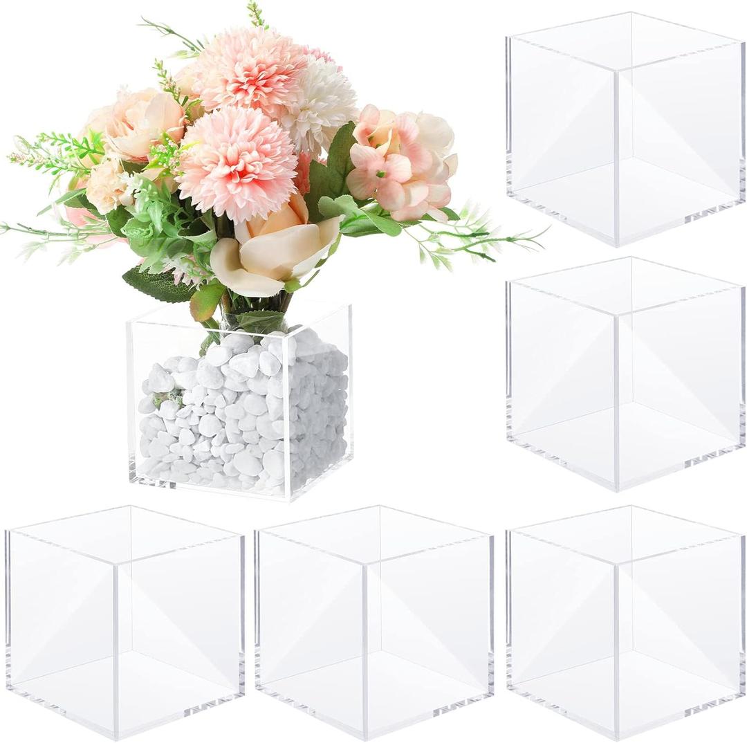 Meanplan 6 Pack Square Flower Vase, Acrylic Clear Cube Shape Flower Vase Decorative Centerpiece for Wedding Home Office Floral Decor(4 x 4 x 4 Inch)