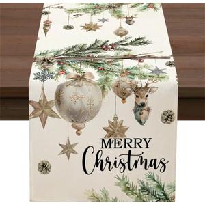 Xmas Deer Holly Pine Merry Christmas Table Runner 13x 90 Inch Christmas Winter Table Decoration for Dinning Kitchen Home Party Decor
