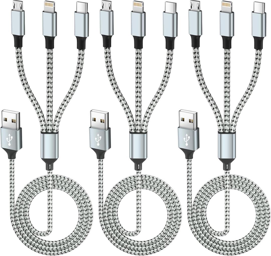 Multi Charging Cable(3Pack 4FT), 3 in 1 Charging Cable for Multiple Devices, Multi Phone Charger Cord with Type-C, Micro USB and IP Port for iPhone 16/15/14/13/iPad/Android/Tablets and More (Greywhite)