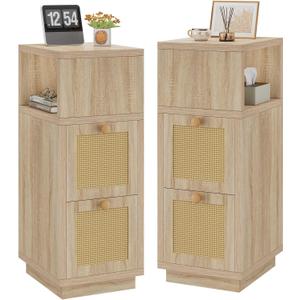 YMYNY Rattan Nightstands Set of 2, Boho Bedside Table with Open Shelf, 2 Drawers, 9.45" x 11.42" x 25.59", Narrow Side Table, Bedside Cabinet for Bedroom and Small Spaces, Natural UHST017N-2