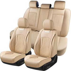 Coverado Car Seat Covers Full Set, Nappa Leather Seat Covers for Cars, Waterproof Automotive Car Seat Covers Interior Accessories Universal Fit Most Sedans, SUVs, Pick-up Trucks(Beige)