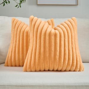 FUTEI Orange Striped Decorative Throw Pillow Covers 20x20 Inch Set of 2, Square Spring Decorations Couch Pillow Case, Soft Cozy Faux Rabbit Fur & Velvet Back, Modern Home Decor for Bed