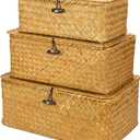 Yesland Shelf Baskets with Lid Set of 3, Handwoven Seagrass Storage Bins Box Rectangular Seagrass Basket Storage Organizer Wicker Basket for Shelf