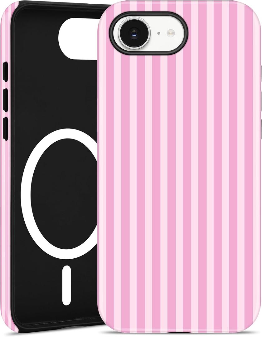 Jusy Compatible with MagSafe Striped Phone Case for iPhone 16e, Cute Aesthetic Magnetic Soft TPU and Hard PC Protective Phone Cover for Women GirlsMatte - Dark Pink