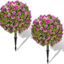 25" Artificial Boxwood Topiary Ball Trees with Purple Daisy, Fake Mums Plants with Ground SpikeSet of 2 UV Resistant Faux Bushes, Fake Shrubs for Garden, Patio, Porch, Yard, Indoor