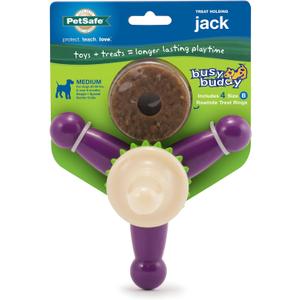 PetSafe Busy Buddy Jack - Keeps Dog Busy - Includes Treats Refill - Treat Holding Dog Toy - Helps Clean Teeth - Durable Rubber - Strong Chewers - Dishwasher Safe - Medium - Purple BB: 05/28/2028