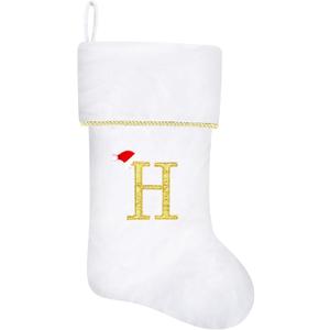 20 Inches Initial Monogram White Christmas Stocking, Personalized Large Embroidered Letter Velvet Christmas Stocking with Gold Trim Decoration for Family Christmas Holiday Party Decor(Letter H)
