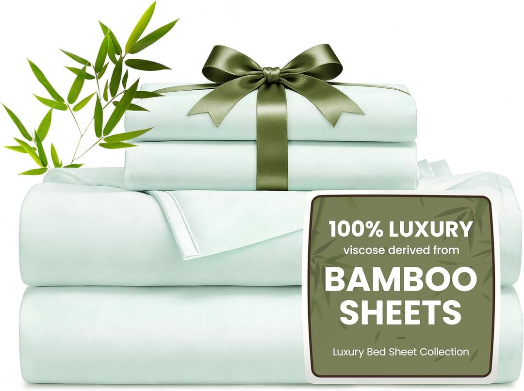 Love's cabin 4 Piece Queen Sheet Set, 100% Rayon Derived from Bamboo, Cooling & Breathable, Soft Silky Deep Pocket up to 16", Hotel Luxury Bedding for Hot Sleepers, Sea Glass