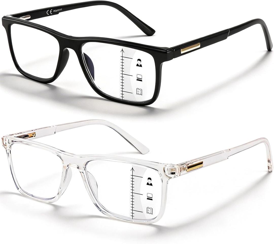 Missfive 2 Pack Unisex Multifocus Progressive Reading Glasses Men Women, Anti Blue/UV No-Line Multifocal Readers
