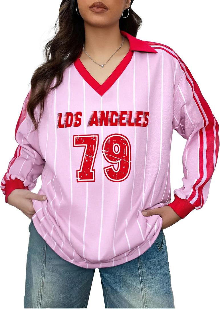 Jersey Shirts for Women Y2k Graphic Number Shirt Football Jersey Top V Neck Streetwear Long Sleeve Tops