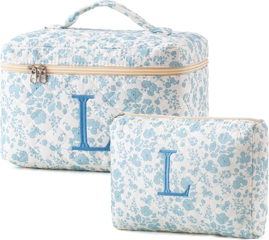 HBselect 2Pcs Initial Quilted Cotton Large Travel Cute Floral Coquette Makeup Cosmetic Toiletry Bag for Women Girls