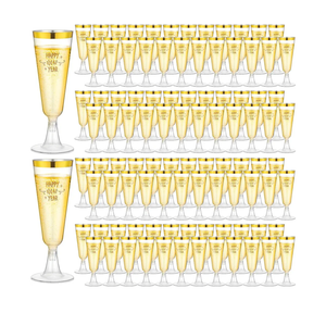Zhehao 100 Pcs Plastic Gold Champagne Flutes Bulk 2026 New Years Eve Party Supplies 5 oz Disposable Wine Glass Gold Rim Champagne Glasses for New Years Eve Toasting Drinking Party