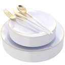 DaYammi 30 Guests Gold Plastic Plates with Disposable Silverware,Gold Cutlery with White Handle,White Disposable Dinnerware:60 Dinner/Dessert Plates,90 Plastic Silverware Set,Gold Plate for Party