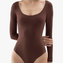 PUMIEY Women's Scoop Neck Long Sleeve Bodysuit Body-hugging Sexy Tops Smoke Cloud Collection Tiramisu