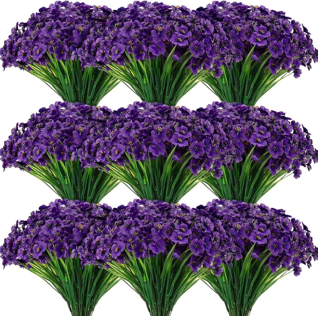Zeyune 56 Bundles Artificial Flowers for Outdoor Decoration Plastic No Fade UV Resistant Fake Flower Faux Plants for Wedding Spring Patio Garden Porch Box Decor(Purple,Bright)