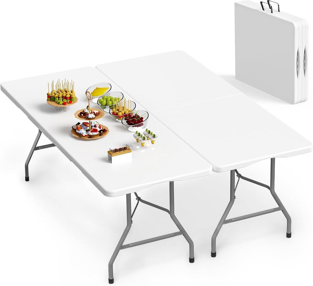 VSOAEIL Set of 2 6 Foot Folding Table for Indoor Outdoor, Portable Heavy Duty Fold-in-Half Utility Plastic Foldable Dining Table with Carrying Handle for Picnic, Camping and Party, 2 Pack White