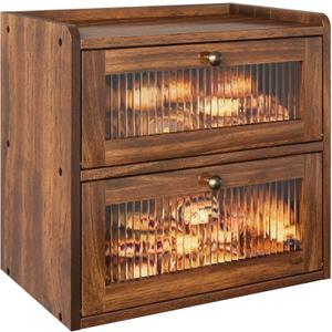 Alpeir Double Layer Large Bread Box for Kitchen Counter, Wooden Corner Bread Storage Container with Acrylic Window, Retro Brown