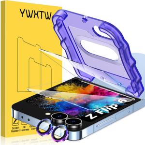 3 x YWXTW EZ Alignment for Samsung Galaxy Z Flip 6/Z Flip 7 FE Screen Protector, 2 PCS Front Tempered Glass Cover Screen Protector+1 Set Camera Lens Protector, Bubble Free & Anti Scratch (Multi-Coloured 1+2)