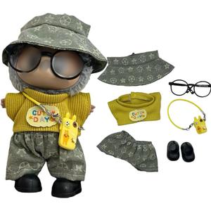 17cm Doll Clothes for lububu,Designer Clothes Suitable for lububu Dolls Outfits and Accessories Set,Including Top +Pants+Hat+Glass+Bag(Two Types of Random Distribution)+Shoes 6PCS,Not Doll(Yellow)