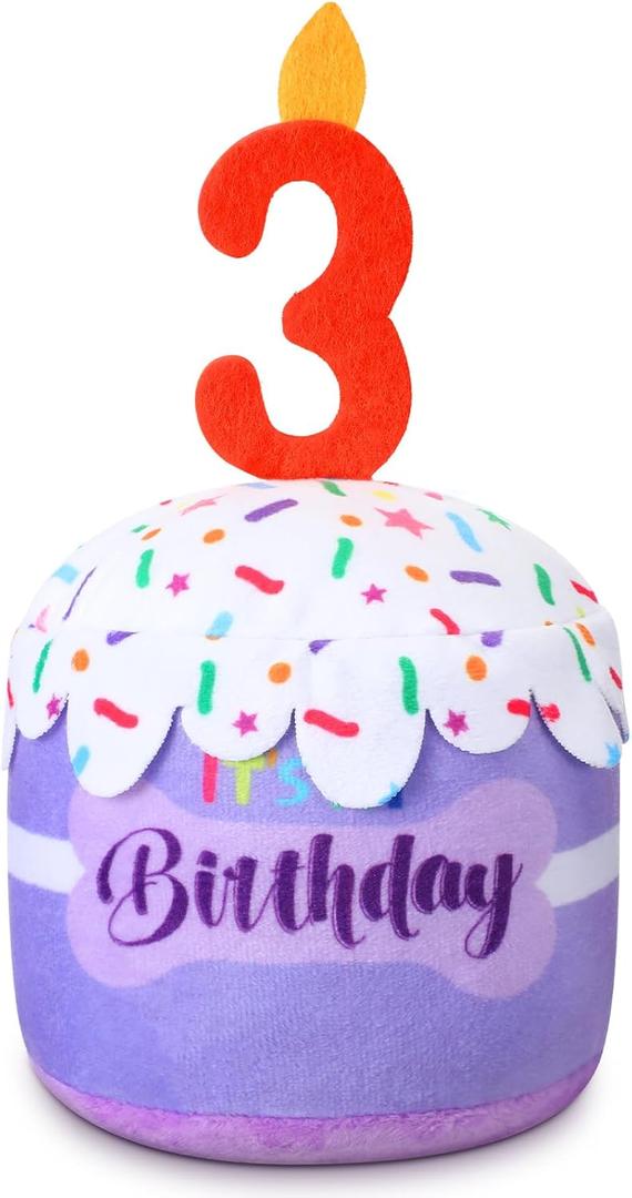 Dansydaisy Dog 3rd Birthday Cake Toy Accessories for Girl Boy Gifts, Purple Squeaky Plush Toy for Dog Birthday Party Decor Favor for Large, Medium and Small Dogs