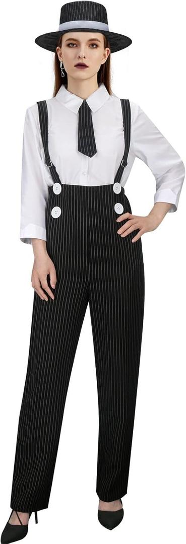 1920s Gangster Gatsby Costume Outfit for Adult Women Girls Mobster Mafia Roaring 20s Halloween Cosplay Pinstripe Suit (Large)