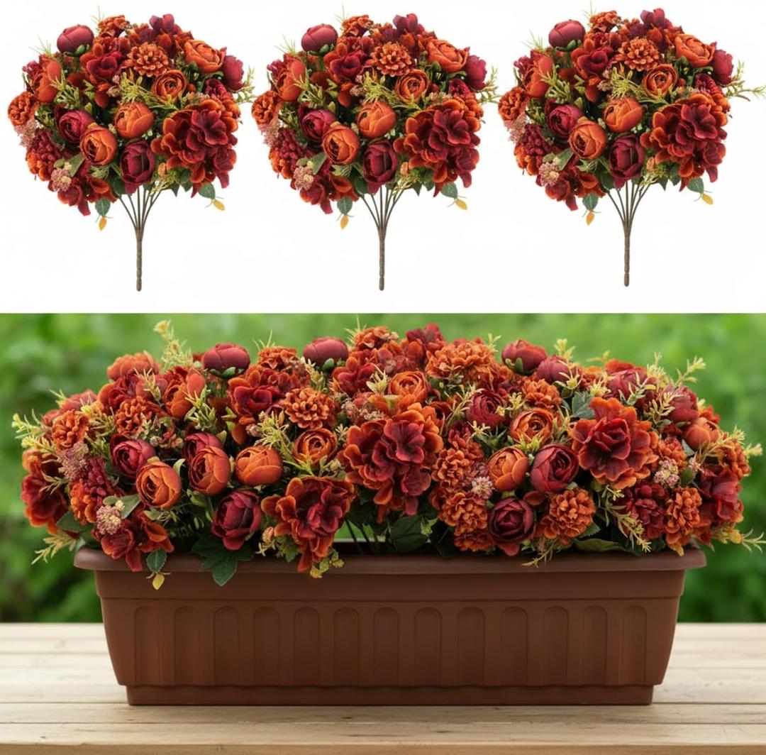 XunYee 12 Bundles Artificial Flowers Bulk Burnt Terracotta Flowers Fake Silk Roses Bouquets Realistic Florals Arrangements Decor for Christmas Outdoor Wedding Table Centerpieces (Orange)