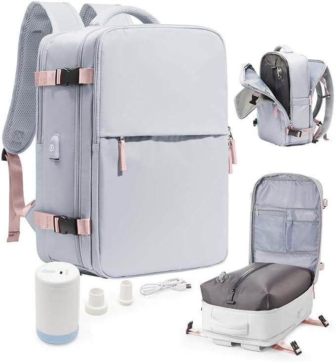 Vacuum Seal Travel Backpack with Air Pump,Compression Waterproof Vacpack Carry On Backpack for Travel Women Men with Vacuum System,Airlines Approved Daypack Laptop Space Saver Bags Grey