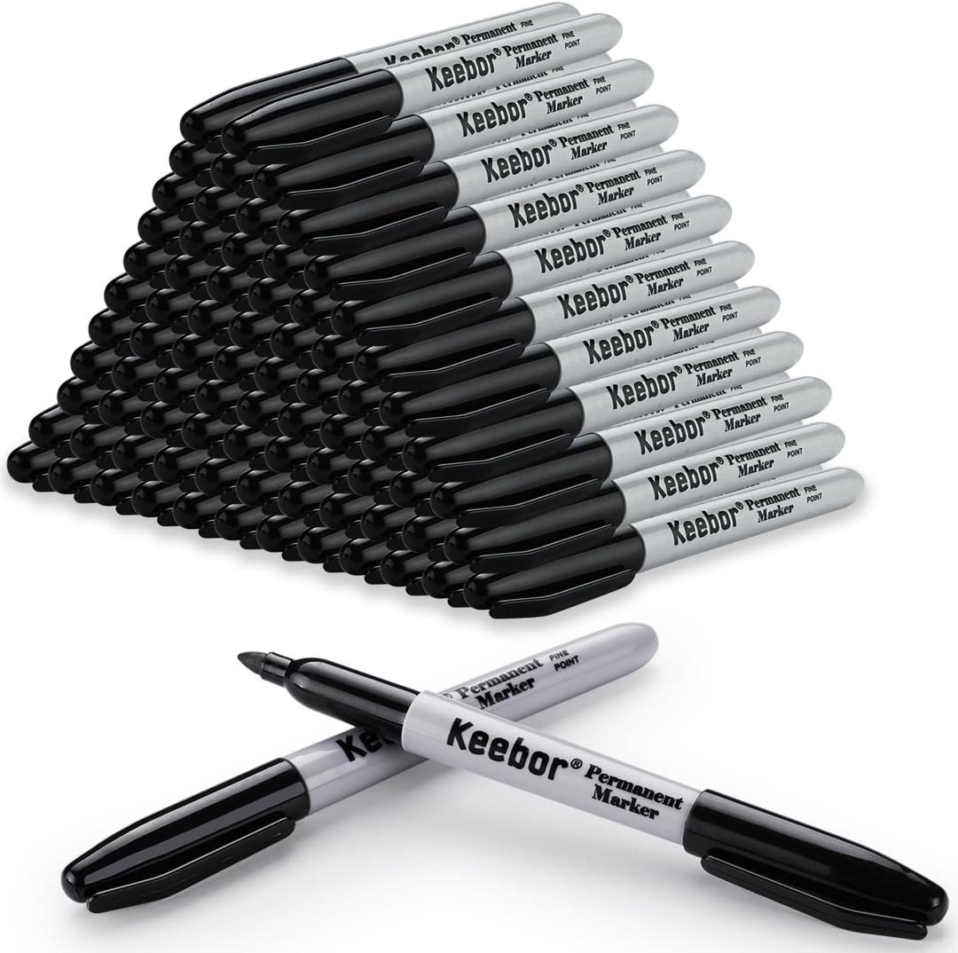 Keebor Black Permanent Markers Bulk of 100 Pack, Fine Point Permanent Marker Set, Waterproof, Quick Drying, School & Office Supplies