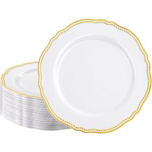 Hioasis 60pcs Gold Plastic Plates - White and Gold Disposable Dinnerware with Gold Rim, Heavy-duty, 10 inch, Dinner Plates for Party & Wedding