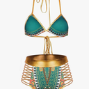 Zando Women Tribal Print Bikini African Metallic Swimsuit Two Piece Beachwear Cutout Halter Neck Bathing Suit Swimwear L