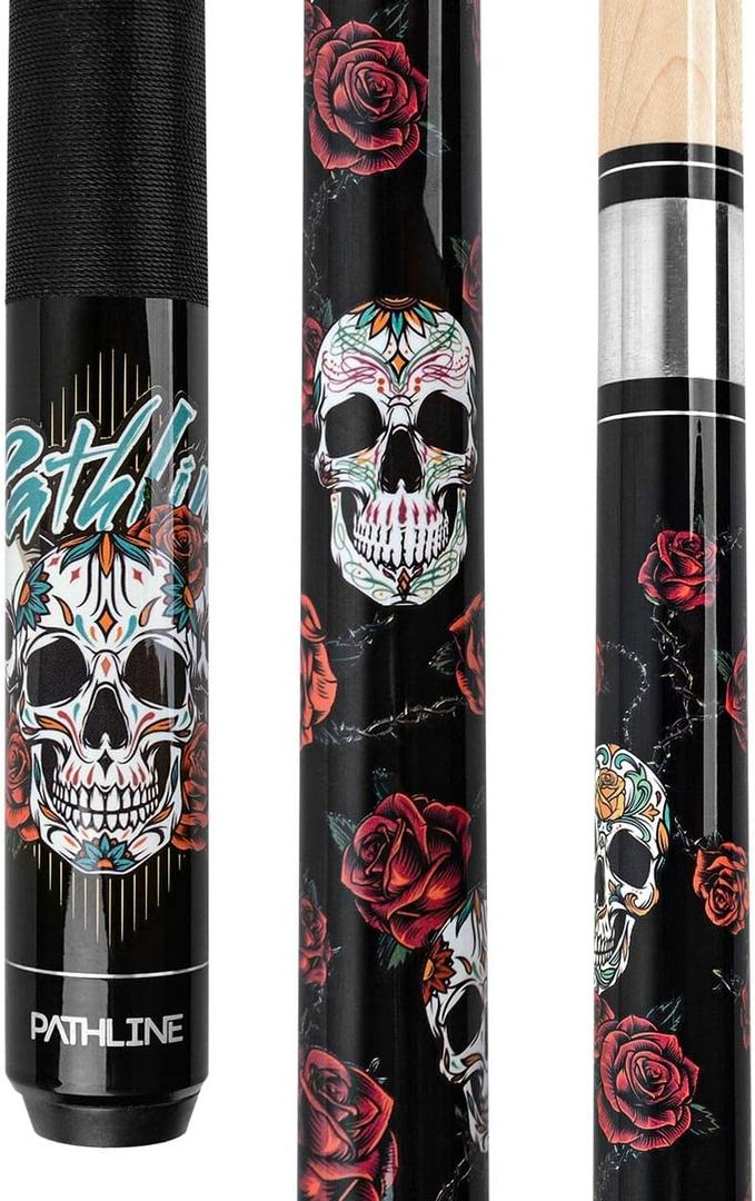 Pool Cue Stick - 58" Canadian Maple 13mm Tip Billiard Pool Stick (19oz, Black/Skull)