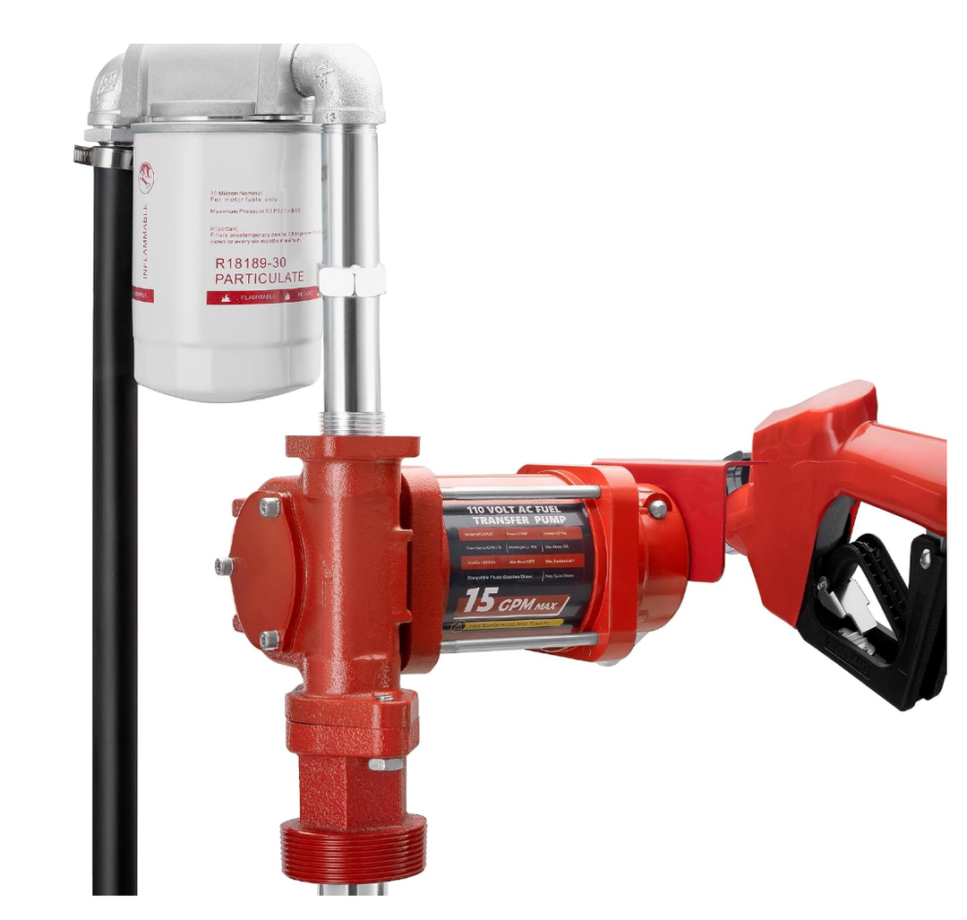 110V AC 15 GPM Fuel Transfer Pump with Discharge Hose, Automatic Nozzle, Premium Filter Package, Suitable for Gasoline, Diesel, Kerosene, Ethanol & Methanol Blends