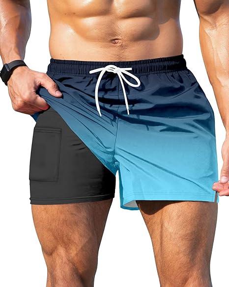 GIISAM Men's Swim Trunks, Bathing Suit 4 inch Inseam Quick Dry Swimsuit Beach Board Shorts with Compression Liner XL
