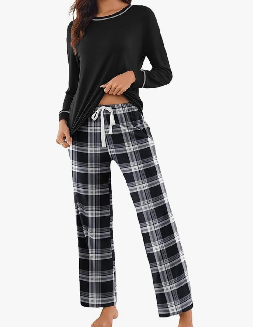 Ekouaer Womens 2 Piece Pajama Set Long Sleeve PJs with Plaid Pants Drawstring Elastic Waist Sleepwear Lounge Set (M, Black Plaid)