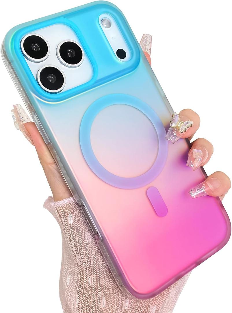 Aesthetic Case for iPhone 17 Pro Case for Women Girls [Compatible with Magsafe] Cute Girly Trendy Glitter Sparkly Rainbow Magnetic Protective Phone Cover, Matte Iridescent Blue & Pink