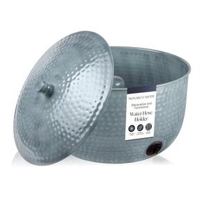 Monarch Abode Garden Hose Holder with Lid – Decorative Water Hose Holders for Outside, Hand Hammered Metal Patina Pot with Drainage, 100ft Waterhose Holder for Outside, Garden Storage Caddy